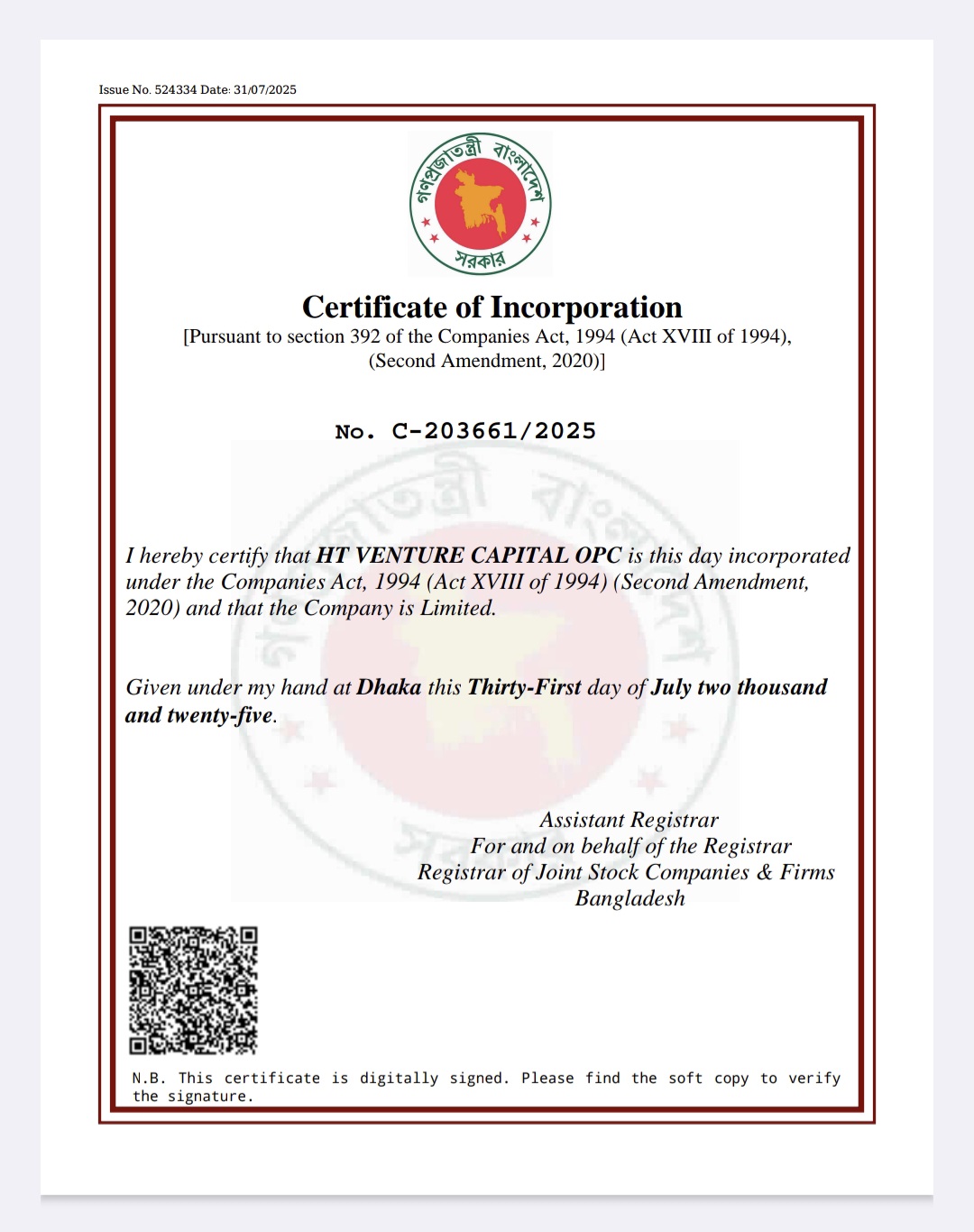 Certificate of incorporation from Bangladesh government
